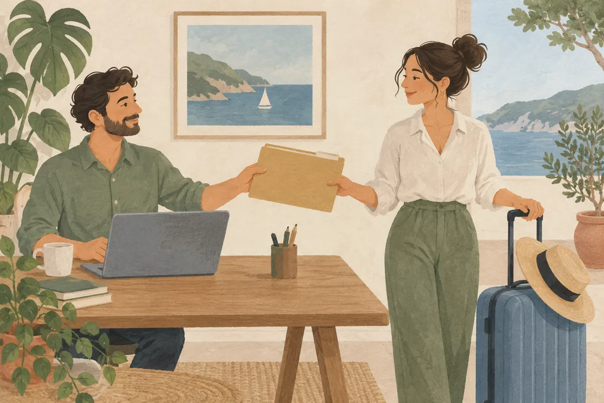 Ilustracja przekazania folderu ze wspólnym zadaniem przed urlopem.