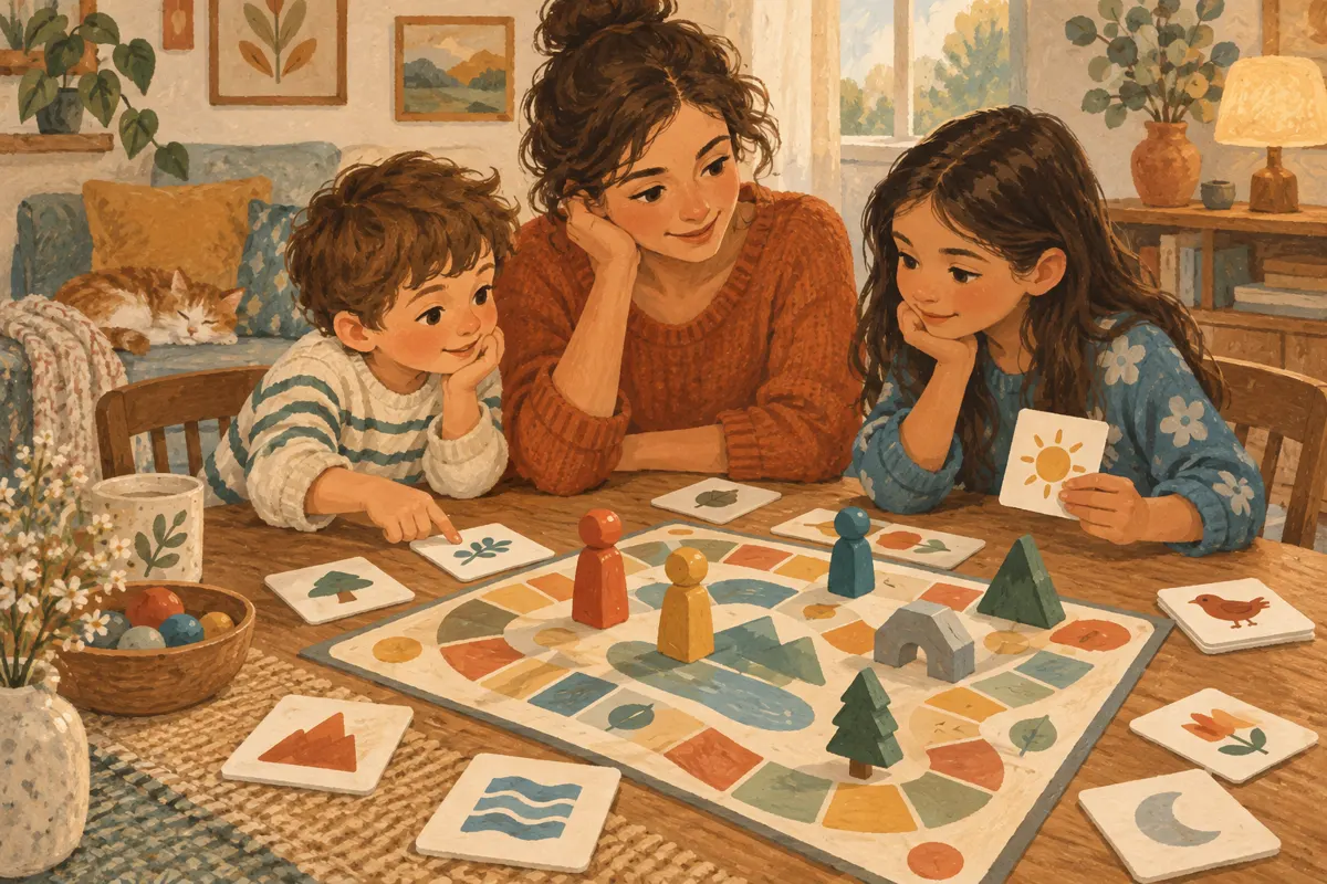 Ilustracja rodzica i dzieci w różnym wieku podczas wspólnej gry przy stole.
